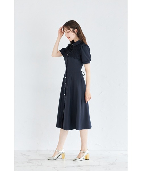 tocco closet（トッコ　クローゼット）の「ヨークレース切り替えバックレースアップ半袖シャツワンピース（ワンピース・レディース・ベージュ/ダークネイビー/ピンク・M）」の11枚目の写真