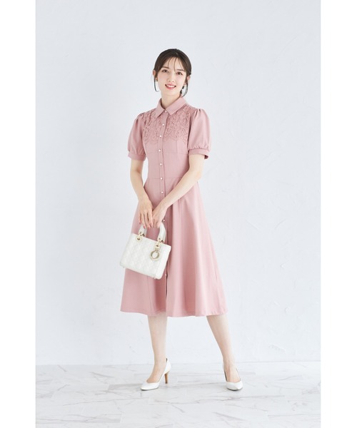 セール】ヨークレース切り替えバックレースアップ半袖シャツワンピース