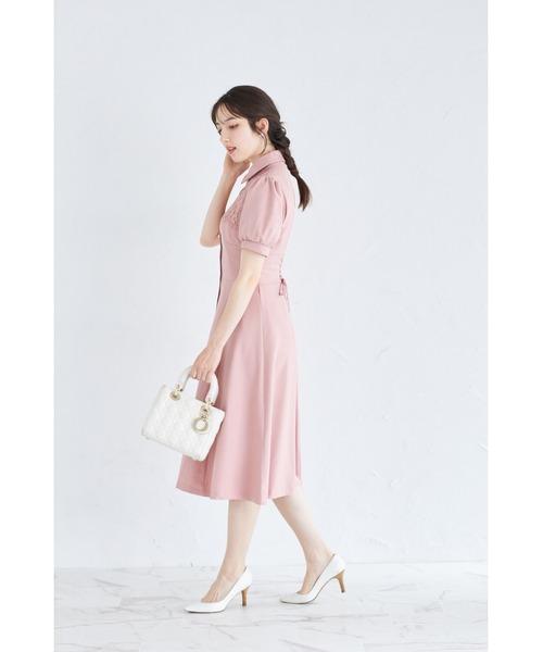 tocco closet（トッコ　クローゼット）の「ヨークレース切り替えバックレースアップ半袖シャツワンピース（ワンピース・レディース・ベージュ/ダークネイビー/ピンク・M）」の17枚目の写真