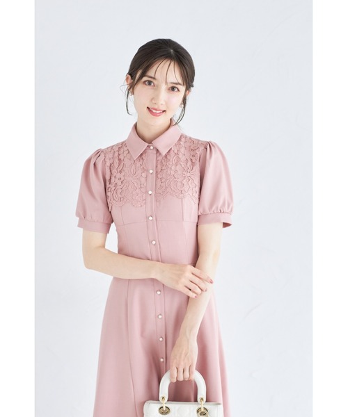 tocco closet（トッコ　クローゼット）の「ヨークレース切り替えバックレースアップ半袖シャツワンピース（ワンピース・レディース・ベージュ/ダークネイビー/ピンク・M）」の19枚目の写真