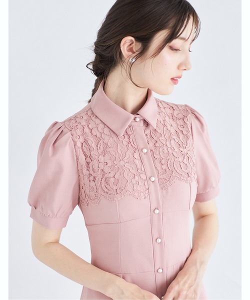 tocco closet（トッコ　クローゼット）の「ヨークレース切り替えバックレースアップ半袖シャツワンピース（ワンピース・レディース・ベージュ/ダークネイビー/ピンク・M）」の21枚目の写真