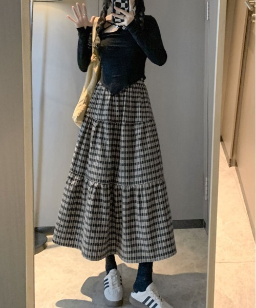kirakiraShop(キラキラショップ)の「Aライン チェック ティアード スカート(スカート・レディース・ブラック・M)」の9枚目の写真