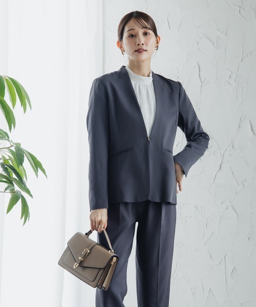 小さいサイズ 【レディーススーツ】パンツスーツ2点セット（ノーカラー