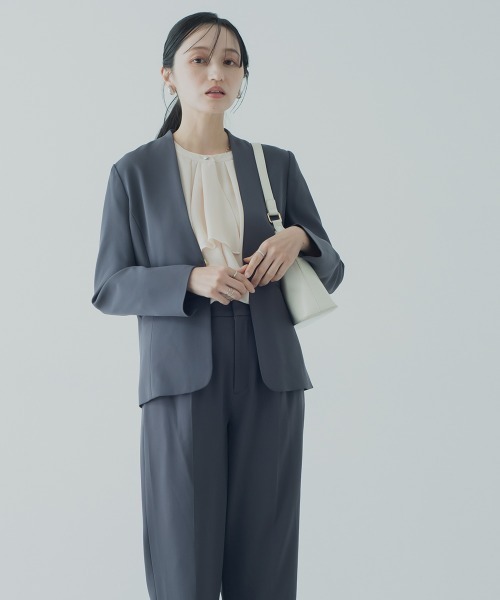 小さいサイズ 【レディーススーツ】パンツスーツ2点セット（ノーカラー