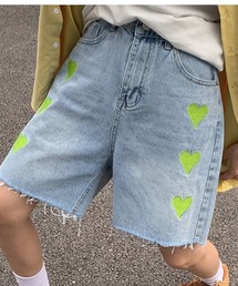 裾ダメージハートデニムハーフパンツ