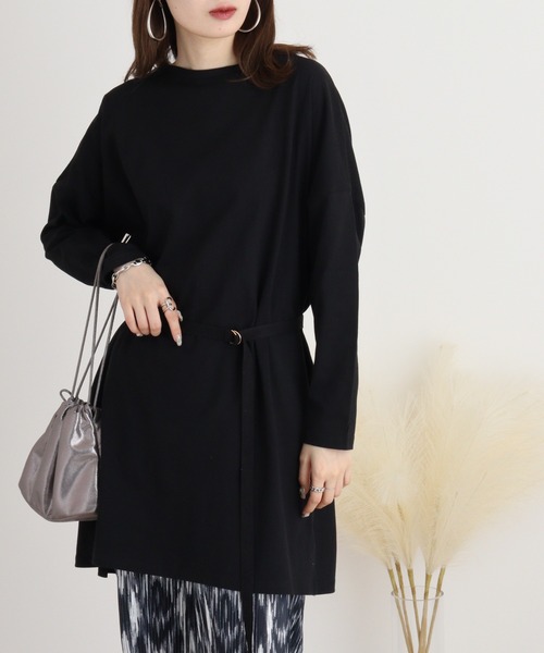 FUNALIVE（ファンアライブ）の「スリット入りベルト付きチュニックワンピース（チュニック・レディース・ベージュ/ライトグリーン/ピンク/ブラック/バイオレット/オフホワイト・L/LL/3L/4L/5L/M）」の3枚目の写真