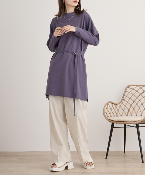 FUNALIVE（ファンアライブ）の「スリット入りベルト付きチュニックワンピース（チュニック・レディース・ベージュ/ライトグリーン/ピンク/ブラック/バイオレット/オフホワイト・L/LL/3L/4L/5L/M）」の10枚目の写真