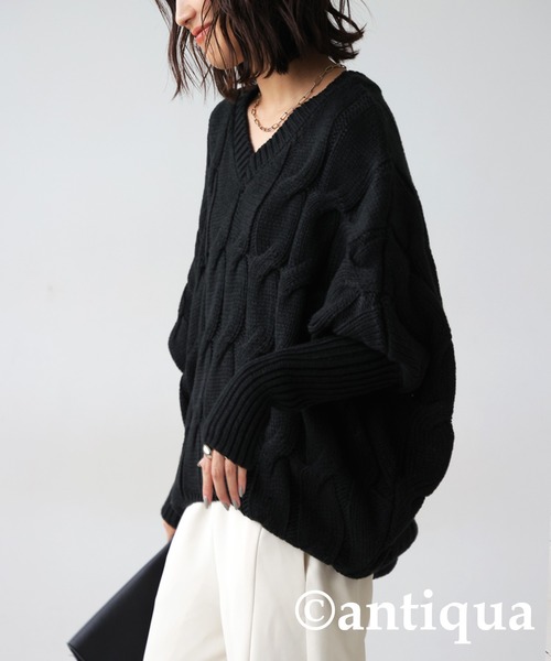 黒 ケーブル編みニットセーター ケーブル編みドルマンニット（ニット/セーター）｜antiqua（アンティカ