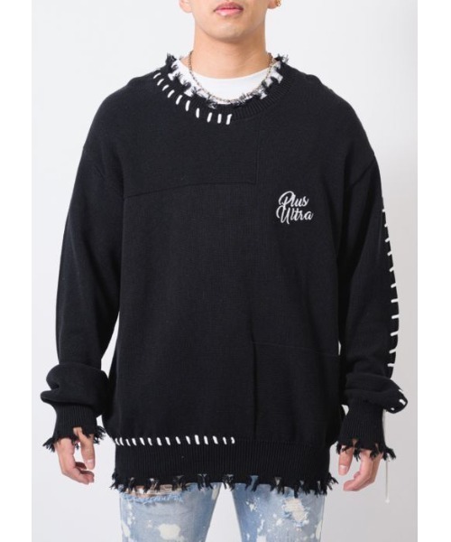 RE730（アールイーセブンサーティー）の「【RE730】 レースアップが可愛い古着テイストの春ニットセーター（ニット/セーター・メンズ・ブラック/オフホワイト・MEDIUM/LARGE/X-LARGE）」の15枚目の写真