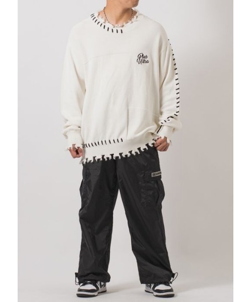 RE730（アールイーセブンサーティー）の「【RE730】 レースアップが可愛い古着テイストの春ニットセーター（ニット/セーター・メンズ・ブラック/オフホワイト・MEDIUM/LARGE/X-LARGE）」の4枚目の写真