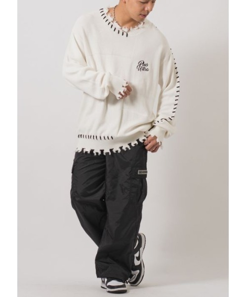 RE730（アールイーセブンサーティー）の「【RE730】 レースアップが可愛い古着テイストの春ニットセーター（ニット/セーター・メンズ・ブラック/オフホワイト・MEDIUM/LARGE/X-LARGE）」の5枚目の写真