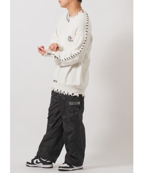 RE730（アールイーセブンサーティー）の「【RE730】 レースアップが可愛い古着テイストの春ニットセーター（ニット/セーター・メンズ・ブラック/オフホワイト・MEDIUM/LARGE/X-LARGE）」の6枚目の写真