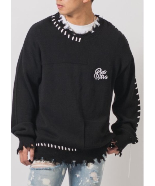 RE730（アールイーセブンサーティー）の「【RE730】 レースアップが可愛い古着テイストの春ニットセーター（ニット/セーター・メンズ・ブラック/オフホワイト・MEDIUM/LARGE/X-LARGE）」の8枚目の写真