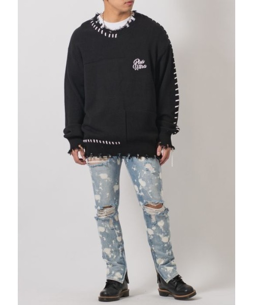 RE730（アールイーセブンサーティー）の「【RE730】 レースアップが可愛い古着テイストの春ニットセーター（ニット/セーター・メンズ・ブラック/オフホワイト・MEDIUM/LARGE/X-LARGE）」の9枚目の写真