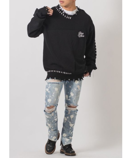 RE730（アールイーセブンサーティー）の「【RE730】 レースアップが可愛い古着テイストの春ニットセーター（ニット/セーター・メンズ・ブラック/オフホワイト・MEDIUM/LARGE/X-LARGE）」の10枚目の写真