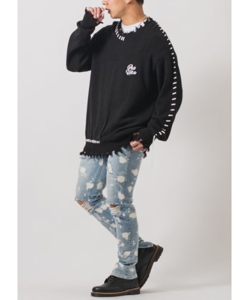 RE730（アールイーセブンサーティー）の「【RE730】 レースアップが可愛い古着テイストの春ニットセーター（ニット/セーター・メンズ・ブラック/オフホワイト・MEDIUM/LARGE/X-LARGE）」の11枚目の写真