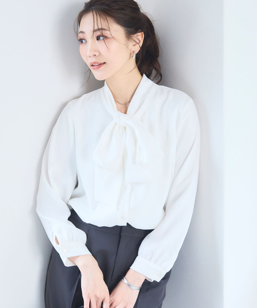 専用★リボン付きホワイトブラウス 38 ブラウス リボン 付き 白 ボウタイ シャツ 襟 レディース 長袖