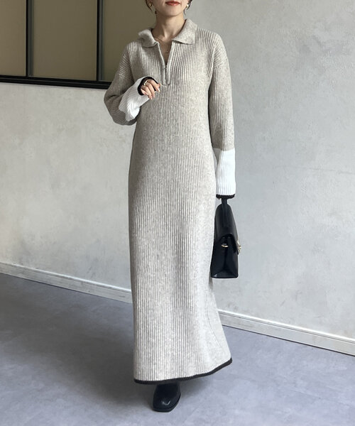 Thevon（ゼボン）の「袖先配色ハーフジップニットワンピース