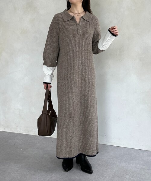 Thevon（ゼボン）の「袖先配色ハーフジップニットワンピース（ワンピース・レディース・ブラック/ベージュ/グレー/モカ・FREE）」の4枚目の写真