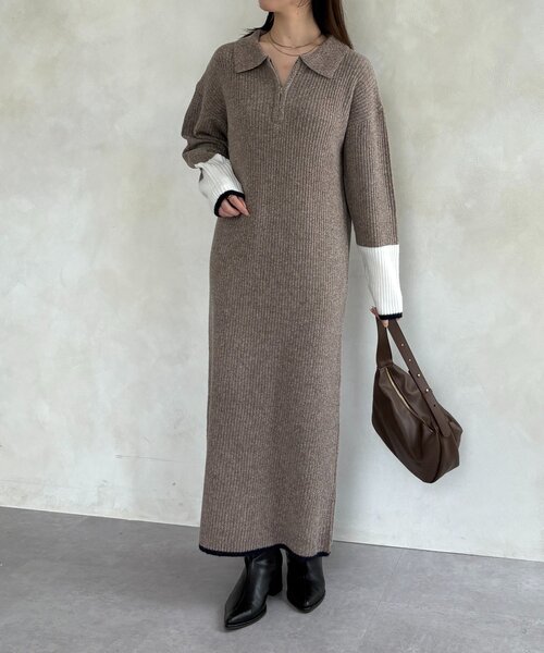 Thevon（ゼボン）の「袖先配色ハーフジップニットワンピース（ワンピース・レディース・ブラック/ベージュ/グレー/モカ・FREE）」の11枚目の写真