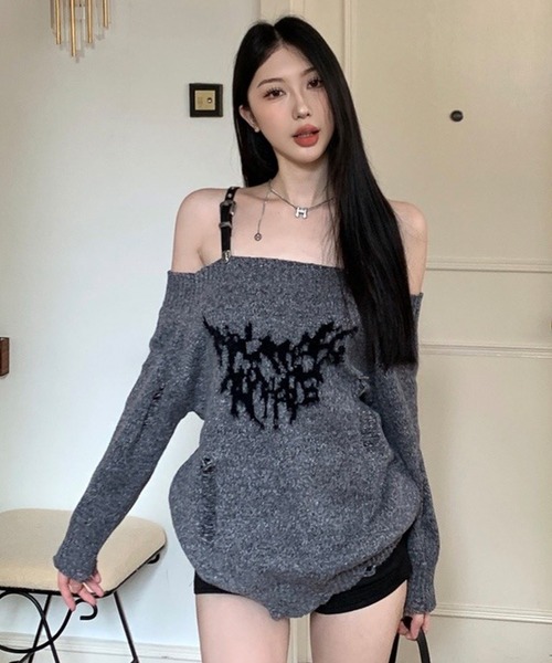 ニット セーター バタフライ ベルトショルダー オフショルダメージニット レディース shopnikoniko ニット セーター バタフライ ベルトショルダー