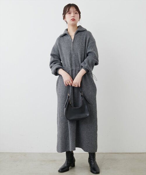 mamamo】片畦ハーフZIPドロストニットワンピース（ワンピース