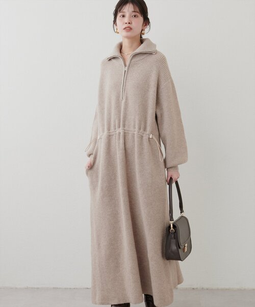 mamamo】片畦ハーフZIPドロストニットワンピース（ワンピース