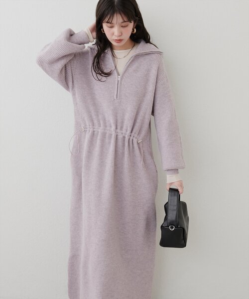 まゅーん　ヨウジヤマモト　リネン　サマーニット　ワンピース mamamo】片畦ハーフZIPドロストニットワンピース（ワンピース
