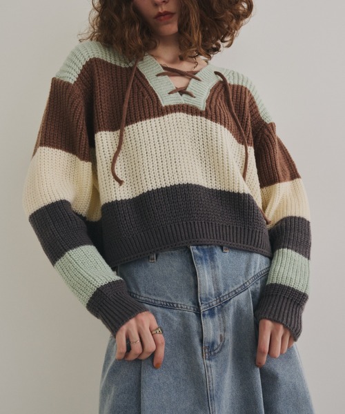 THIRD MAGAZINE サードマガジン レースアップボーダーニット レース