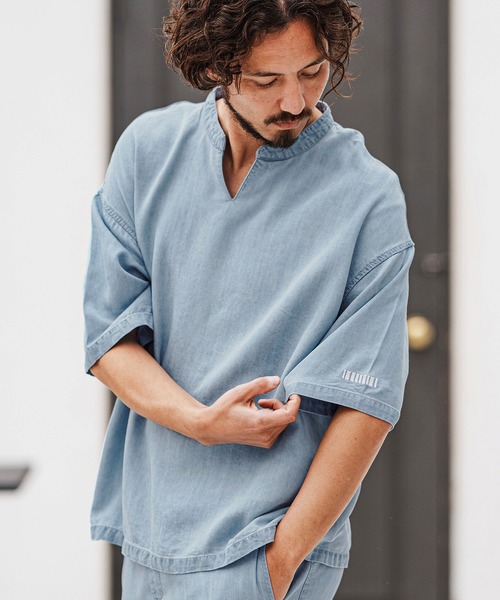 felkod(フィルコッド)の「mhs2315- Chambray V Neck Half Sleeve Shirts 5分袖シャツ(シャツ/ブラウス・メンズ・インディゴブルー/ライトブルー・L/M/S)」の15枚目の写真