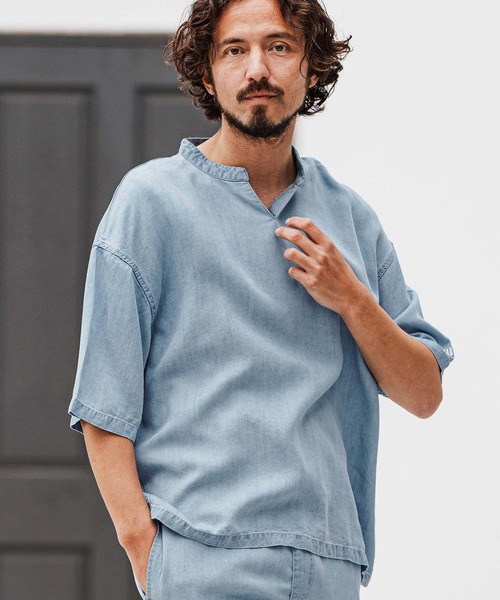 felkod(フィルコッド)の「mhs2315- Chambray V Neck Half Sleeve Shirts 5分袖シャツ(シャツ/ブラウス・メンズ・インディゴブルー/ライトブルー・L/M/S)」の16枚目の写真