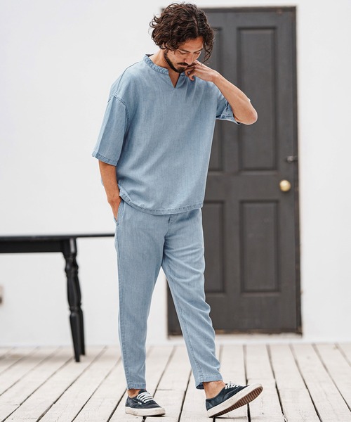 felkod(フィルコッド)の「mhs2315- Chambray V Neck Half Sleeve Shirts 5分袖シャツ(シャツ/ブラウス・メンズ・インディゴブルー/ライトブルー・L/M/S)」の18枚目の写真
