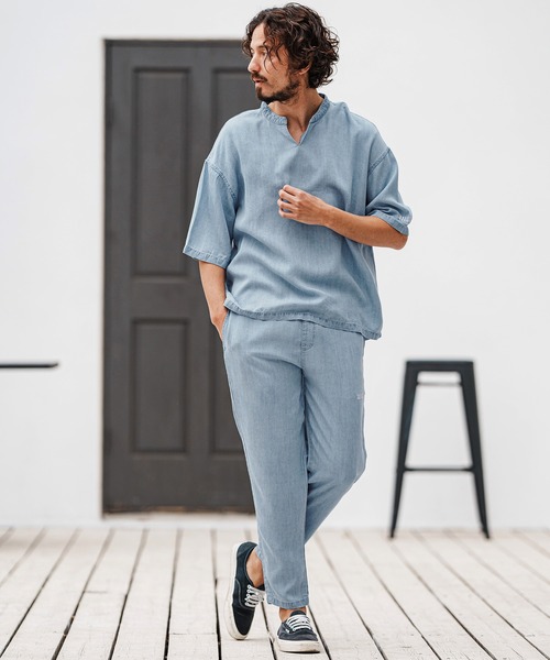 felkod(フィルコッド)の「mhs2315- Chambray V Neck Half Sleeve Shirts 5分袖シャツ(シャツ/ブラウス・メンズ・インディゴブルー/ライトブルー・L/M/S)」の19枚目の写真