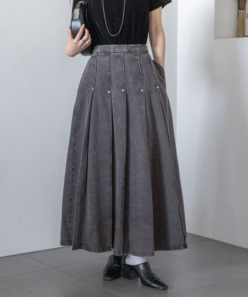 スタッズデザイン/プリーツデニムスカート