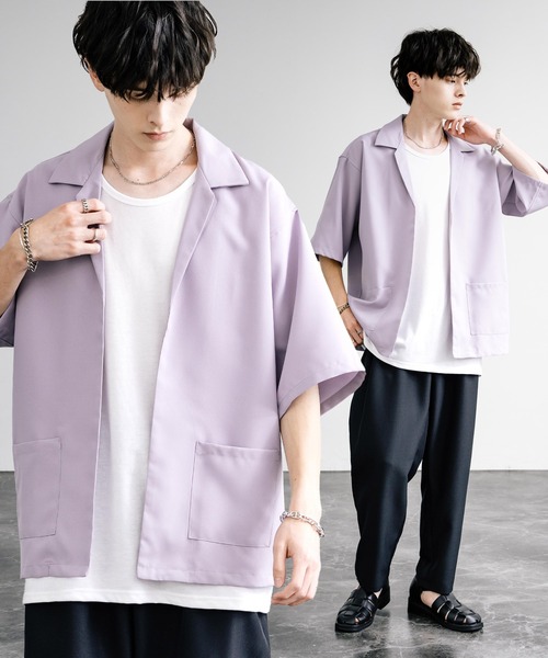 Rocky Monroe(ロッキーモンロー)の「3点セットアップ オーバーサイズ5分袖ジャケット+ワイドテーパードパンツ+タンクトップ(セットアップ・メンズ・パープル系/ブラック/チャコールグレー×ブラック/ホワイト×ブラック/ネイビー×ホワイト/パープル/ブラック×ホワイト/ピンク/ホワイト・L/LL/M)」の8枚目の写真