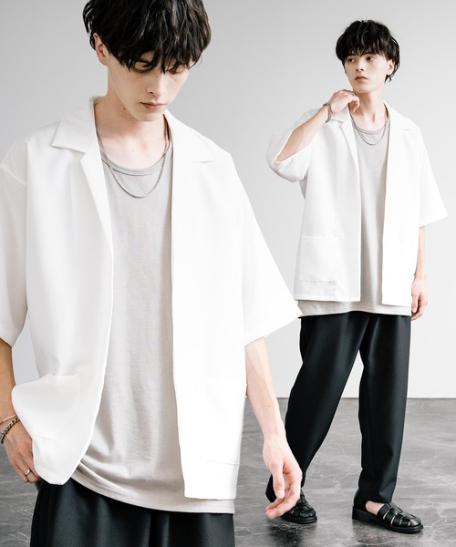 Rocky Monroe(ロッキーモンロー)の「3点セットアップ オーバーサイズ5分袖ジャケット+ワイドテーパードパンツ+タンクトップ(セットアップ・メンズ・パープル系/ブラック/チャコールグレー×ブラック/ホワイト×ブラック/ネイビー×ホワイト/パープル/ブラック×ホワイト/ピンク/ホワイト・L/LL/M)」の3枚目の写真