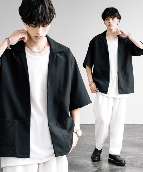 Rocky Monroe(ロッキーモンロー)の「3点セットアップ オーバーサイズ5分袖ジャケット+ワイドテーパードパンツ+タンクトップ(セットアップ・メンズ・パープル系/ブラック/チャコールグレー×ブラック/ホワイト×ブラック/ネイビー×ホワイト/パープル/ブラック×ホワイト/ピンク/ホワイト・L/LL/M)」の5枚目の写真