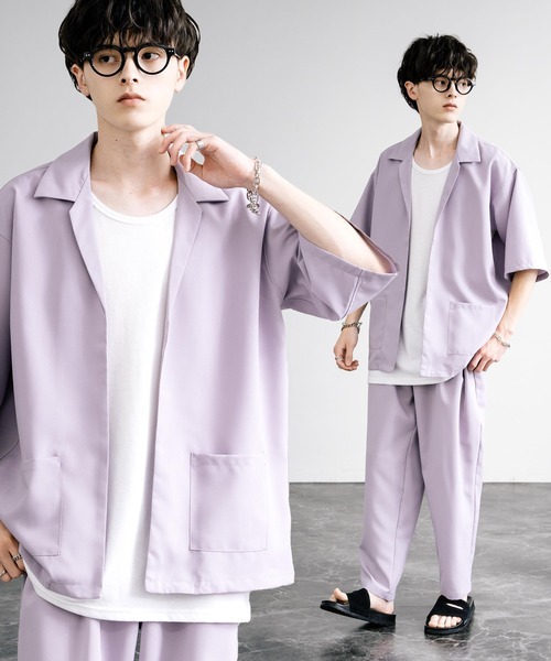 Rocky Monroe(ロッキーモンロー)の「3点セットアップ オーバーサイズ5分袖ジャケット+ワイドテーパードパンツ+タンクトップ(セットアップ・メンズ・パープル系/ブラック/チャコールグレー×ブラック/ホワイト×ブラック/ネイビー×ホワイト/パープル/ブラック×ホワイト/ピンク/ホワイト・L/LL/M)」の7枚目の写真