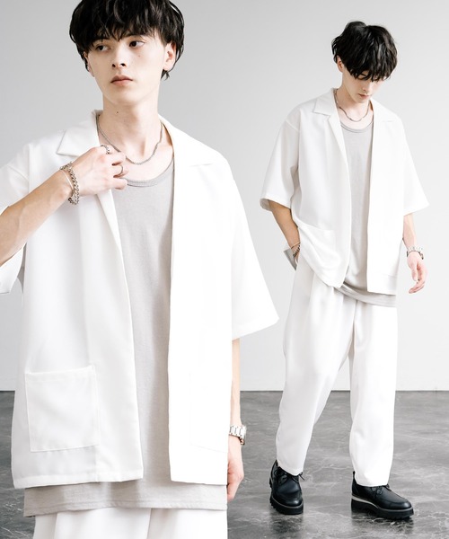 Rocky Monroe(ロッキーモンロー)の「3点セットアップ オーバーサイズ5分袖ジャケット+ワイドテーパードパンツ+タンクトップ(セットアップ・メンズ・パープル系/ブラック/チャコールグレー×ブラック/ホワイト×ブラック/ネイビー×ホワイト/パープル/ブラック×ホワイト/ピンク/ホワイト・L/LL/M)」の2枚目の写真