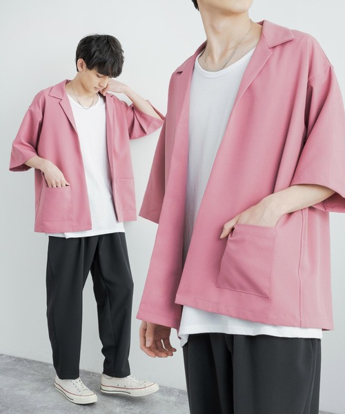Rocky Monroe(ロッキーモンロー)の「3点セットアップ オーバーサイズ5分袖ジャケット+ワイドテーパードパンツ+タンクトップ(セットアップ・メンズ・パープル系/ブラック/チャコールグレー×ブラック/ホワイト×ブラック/ネイビー×ホワイト/パープル/ブラック×ホワイト/ピンク/ホワイト・L/LL/M)」の9枚目の写真