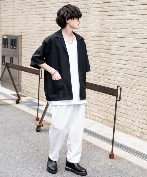 Rocky Monroe(ロッキーモンロー)の「3点セットアップ オーバーサイズ5分袖ジャケット+ワイドテーパードパンツ+タンクトップ(セットアップ・メンズ・パープル系/ブラック/チャコールグレー×ブラック/ホワイト×ブラック/ネイビー×ホワイト/パープル/ブラック×ホワイト/ピンク/ホワイト・L/LL/M)」の19枚目の写真