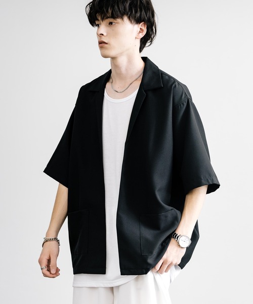 Rocky Monroe(ロッキーモンロー)の「3点セットアップ オーバーサイズ5分袖ジャケット+ワイドテーパードパンツ+タンクトップ(セットアップ・メンズ・パープル系/ブラック/チャコールグレー×ブラック/ホワイト×ブラック/ネイビー×ホワイト/パープル/ブラック×ホワイト/ピンク/ホワイト・L/LL/M)」の15枚目の写真