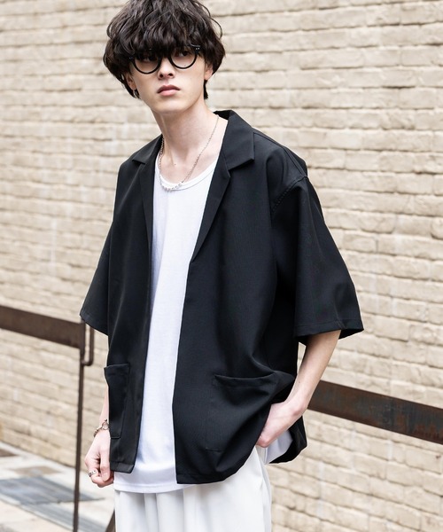 Rocky Monroe(ロッキーモンロー)の「3点セットアップ オーバーサイズ5分袖ジャケット+ワイドテーパードパンツ+タンクトップ(セットアップ・メンズ・パープル系/ブラック/チャコールグレー×ブラック/ホワイト×ブラック/ネイビー×ホワイト/パープル/ブラック×ホワイト/ピンク/ホワイト・L/LL/M)」の18枚目の写真