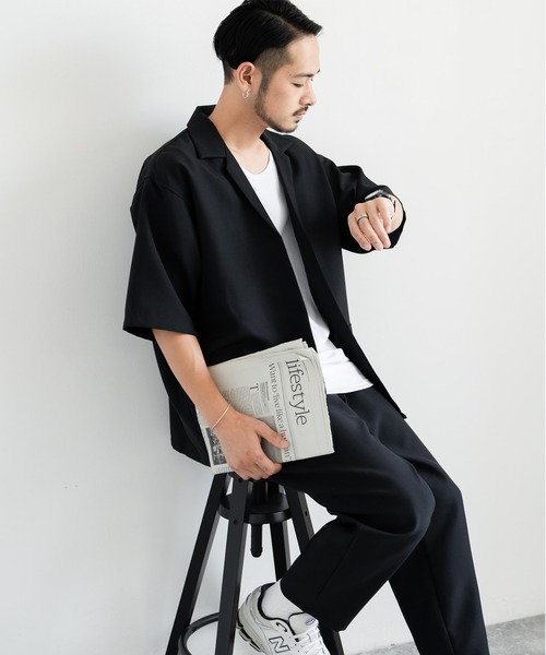 Rocky Monroe(ロッキーモンロー)の「3点セットアップ オーバーサイズ5分袖ジャケット+ワイドテーパードパンツ+タンクトップ(セットアップ・メンズ・パープル系/ブラック/チャコールグレー×ブラック/ホワイト×ブラック/ネイビー×ホワイト/パープル/ブラック×ホワイト/ピンク/ホワイト・L/LL/M)」の11枚目の写真