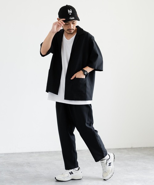 Rocky Monroe(ロッキーモンロー)の「3点セットアップ オーバーサイズ5分袖ジャケット+ワイドテーパードパンツ+タンクトップ(セットアップ・メンズ・パープル系/ブラック/チャコールグレー×ブラック/ホワイト×ブラック/ネイビー×ホワイト/パープル/ブラック×ホワイト/ピンク/ホワイト・L/LL/M)」の12枚目の写真