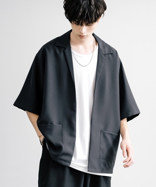Rocky Monroe(ロッキーモンロー)の「3点セットアップ オーバーサイズ5分袖ジャケット+ワイドテーパードパンツ+タンクトップ(セットアップ・メンズ・パープル系/ブラック/チャコールグレー×ブラック/ホワイト×ブラック/ネイビー×ホワイト/パープル/ブラック×ホワイト/ピンク/ホワイト・L/LL/M)」の20枚目の写真