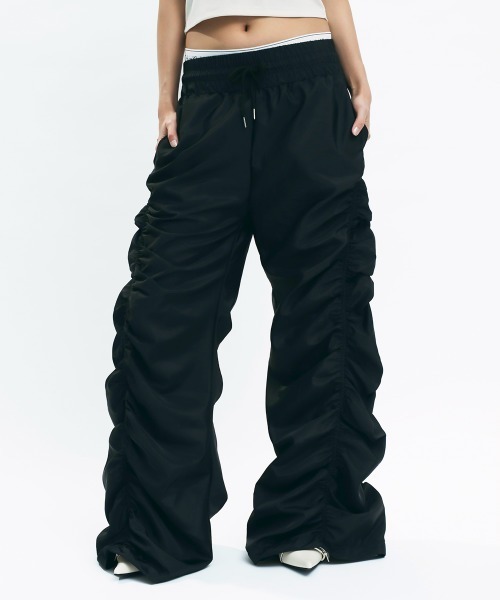 HEEM　ワイドナイロンパンツ　XL セール】Wide nylon pants with side frills / サイドフリル