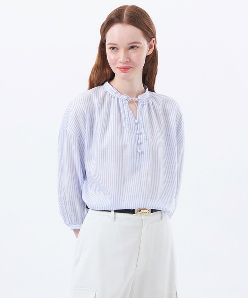 MACKINTOSH PHILOSOPHY（ﾏｯｷﾝﾄｯｼｭ ﾌｨﾛｿﾌｨｰ）の「リネンミックスギャザーブラウス（シャツ/ブラウス・レディース・ベージュ/ライトブルー/ブルー系その他3・38/36/34）」の3枚目の写真