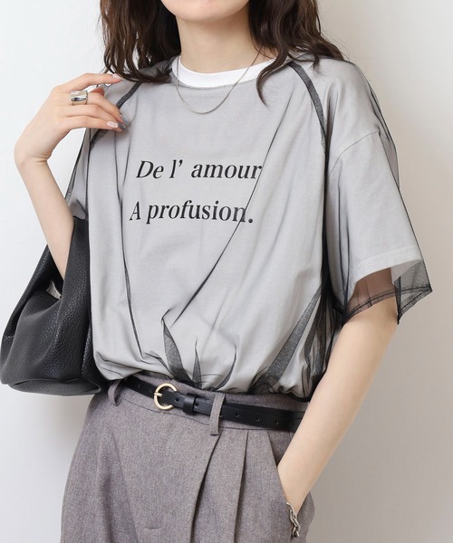EGLANTINE(エグランティーヌ)の「EGLANTINE チュールレイヤードロゴTシャツ 半袖カットソー ラグランスリーブ(Tシャツ/カットソー・レディース・ブラック/ホワイト×ホワイト/ホワイト×ブラック/サンドベージュ・40)」の2枚目の写真