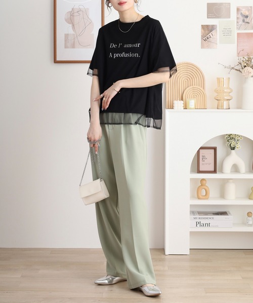 EGLANTINE(エグランティーヌ)の「EGLANTINE チュールレイヤードロゴTシャツ 半袖カットソー ラグランスリーブ(Tシャツ/カットソー・レディース・ブラック/ホワイト×ホワイト/ホワイト×ブラック/サンドベージュ・40)」の16枚目の写真